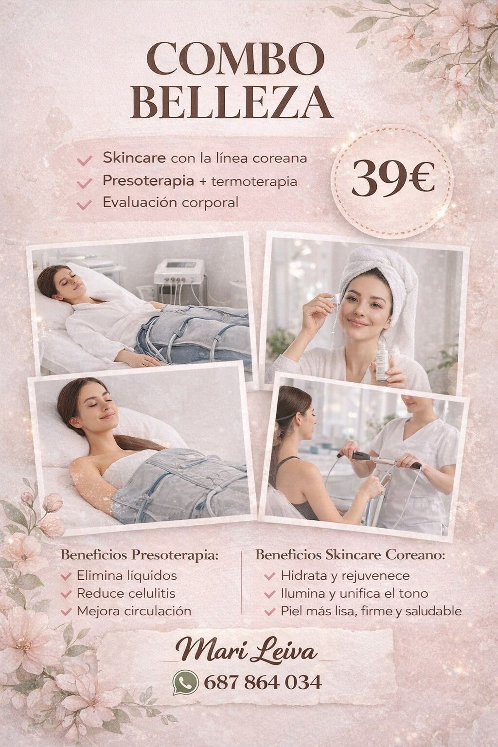 Combo Belleza 39€ - Skincare con línea coreana + Presoterapia + Termoterapia + Evaluación corporal. Beneficios: elimina líquidos, reduce celulitis, mejora circulación, hidrata y rejuvenece, ilumina y unifica el tono, piel más lisa firme y saludable